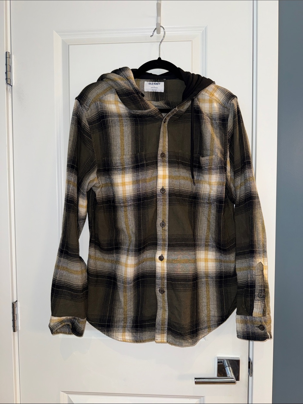 Old Navy Men's Brown, Black & Yellow Plaid Hooded Button-Up Shirt Flannel